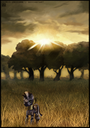 Size: 1000x1412 | Tagged: safe, artist:cosmicunicorn, character:zecora, species:pony, species:zebra, female, grass, looking at you, mare, savanna, scenery, sky, solo, sun, sunset