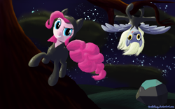 Size: 2000x1250 | Tagged: safe, artist:deathpwny, character:derpy hooves, character:pinkie pie, character:tom, species:earth pony, species:pegasus, species:pony, clothing, duo, female, mare, night, rock, stars, upside down