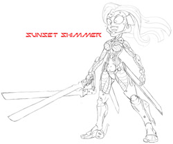 Size: 1000x830 | Tagged: safe, artist:stradivarius, character:sunset shimmer, my little pony:equestria girls, crossover, female, humanized, konami, metal gear, metal gear rising, sketch, solo, sundowner