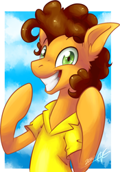 Size: 816x1165 | Tagged: safe, artist:fizzy-dog, character:cheese sandwich, clothing, grin, looking at you, male, shirt, smiling, solo