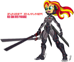 Size: 1200x993 | Tagged: safe, artist:stradivarius, character:sunset shimmer, my little pony:equestria girls, crossover, female, konami, metal gear, metal gear rising, open mouth, solo, sundowner, sword, weapon