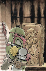Size: 423x648 | Tagged: safe, artist:ponygoddess, boba fett, carbonite, crossover, han solo, ponified, star wars, traditional art