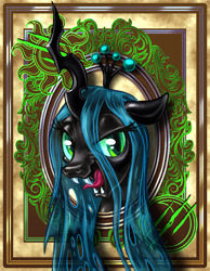 Size: 700x900 | Tagged: safe, artist:harwick, character:queen chrysalis, bedroom eyes, fangs, female, harwick's sun/moon portraits, kitchen eyes, looking at you, open mouth, portrait, raised eyebrow, smiling, solo, tongue out