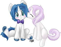 Size: 676x522 | Tagged: safe, artist:fizzy-dog, character:fancypants, character:fleur-de-lis, species:pony, species:unicorn, ship:fancyfleur, blushing, bow tie, colt, cute, female, filly, foal, foal romance, kissing, male, shipping, straight, surprise kiss, surprised, younger