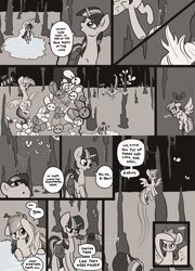 Size: 1280x1780 | Tagged: safe, artist:otterlore, character:rainbow dash, character:twilight sparkle, cave, cocoon, comic, dialogue, grayscale, monochrome, parasprite, speech bubble, spiderponyrarity, tumblr