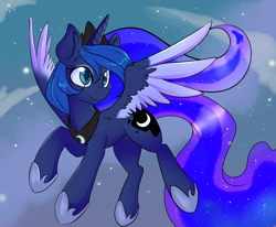 Size: 2550x2100 | Tagged: safe, artist:lustrous-dreams, character:princess luna, species:alicorn, species:pony, cloud, colored wings, colored wingtips, ethereal mane, female, flying, galaxy mane, hoof shoes, mare, sky, smiling, solo, spread wings, stars, windswept mane, wings