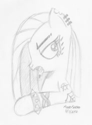 Size: 764x1046 | Tagged: safe, artist:mane-shaker, character:pinkamena diane pie, character:pinkie pie, female, monochrome, pencil drawing, piercing, punkamena, solo, tattoo, tongue out, tongue piercing, traditional art