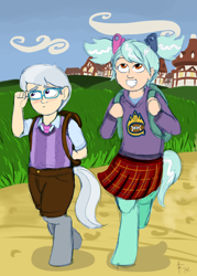 Size: 1000x1400 | Tagged: safe, artist:aa, oc, oc only, oc:hope, oc:sterling, parent:lyra heartstrings, parent:silver spoon, satyr, backpack, blushing, female, glasses, male, offspring, straight
