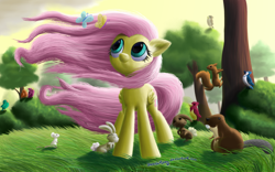 Size: 2000x1250 | Tagged: safe, artist:deathpwny, character:fluttershy, species:bird, species:pegasus, species:pony, species:rabbit, beaver, butterfly, female, mare, mouse, squirrel, windswept mane