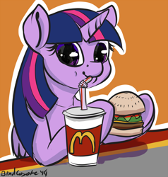 Size: 1428x1500 | Tagged: safe, artist:blindcoyote, character:twilight sparkle, character:twilight sparkle (alicorn), species:alicorn, species:pony, episode:twilight time, g4, my little pony: friendship is magic, drink, eating, fast food, female, food, mare, mcdonald's, product placement, reflection, solo, that pony sure does love burgers, twilight burgkle