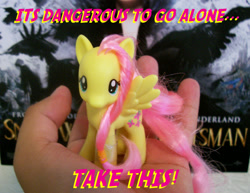 Size: 614x474 | Tagged: safe, artist:drpain, character:fluttershy, advice, brushable, irl, it's dangerous to go alone, meme, photo, take this, the legend of zelda, toy