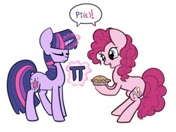 Size: 1200x900 | Tagged: safe, artist:otterlore, character:pinkie pie, character:twilight sparkle, species:pony, bipedal, cute, dialogue, eyes closed, glowing horn, hoof hold, levitation, magic, math, open mouth, pi, pi day, pie, simple background, smiling, speech bubble, telekinesis, white background