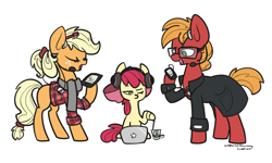Size: 1280x768 | Tagged: safe, artist:otterlore, character:apple bloom, character:applejack, character:big mcintosh, species:earth pony, species:pony, apple siblings, glasses, headphones, headset, hipster, ipad, iphone, ipod, macbook, male, stallion