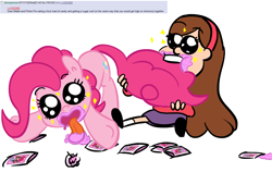 Size: 1440x911 | Tagged: safe, artist:elslowmo, character:pinkie pie, candy, crossover, gravity falls, high, mabel pines, smile dip, sparkles, the inconveniencing