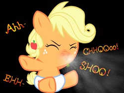 Size: 1024x768 | Tagged: safe, artist:proponypal, character:applejack, species:pony, baby, baby pony, babyjack, cold, diaper, female, filly, foal, gross, mucous, nostril flare, nostrils, sick, sneezing, sneezing fetish, sneezing fit, sneezy, solo, spit, spray