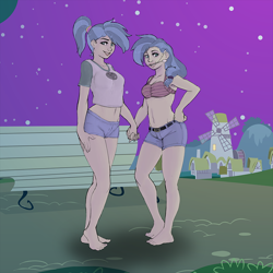 Size: 900x900 | Tagged: safe, artist:kevinsano edits, artist:muh-arts, edit, character:air way, character:allie way, character:pearly whites, species:human, armpits, barefoot, braces, colored, feet, holding hands, humanized, sisters