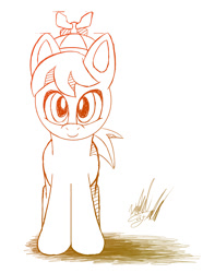 Size: 708x900 | Tagged: safe, artist:fuzon-s, character:button mash, species:earth pony, species:pony, beanie, buttonbetes, clothing, colt, cute, foal, gradient lineart, hat, hooves, looking at you, male, monochrome, propeller hat, simple background, sketch, smiling, solo, white background