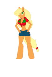 Size: 1181x1748 | Tagged: safe, artist:odiz, character:applejack, species:anthro, species:unguligrade anthro, alternate hairstyle, applebucking thighs, belly button, breasts, busty applejack, cleavage, clothing, daisy dukes, female, front knot midriff, midriff, simple background, solo