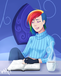 Size: 800x988 | Tagged: safe, artist:emberfan11, character:rainbow dash, species:human, book, clothing, drink, female, fingerless gloves, gloves, humanized, piercing, reading, solo, sweater, table, undercut