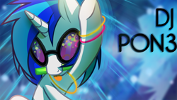 Size: 1920x1080 | Tagged: safe, artist:0verated, artist:wicklesmack, edit, character:dj pon-3, character:vinyl scratch, species:pony, species:unicorn, female, glowstick, hooves, horn, mare, mouth hold, solo, sunglasses, text, tongue out, vector, wallpaper, wallpaper edit