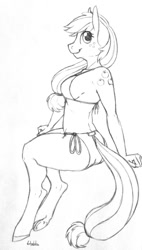 Size: 688x1208 | Tagged: safe, artist:hobbsmeerkat, character:applejack, species:anthro, species:unguligrade anthro, alternative cutie mark placement, bikini, clothing, female, looking at you, monochrome, sitting, sketch, smiling, solo, swimsuit