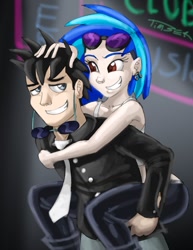 Size: 785x1017 | Tagged: safe, artist:pluckyninja, character:dj pon-3, character:neon lights, character:rising star, character:vinyl scratch, species:human, female, humanized, male, piggyback ride, shipping, smiling, straight, vinylights