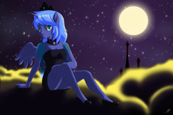 Size: 1600x1067 | Tagged: safe, artist:skecchiart, character:princess luna, species:anthro, species:plantigrade anthro, ambiguous facial structure, female, looking at you, moon, night, solo