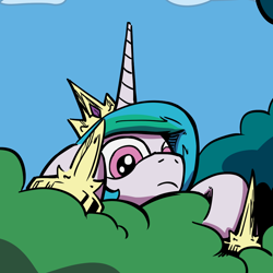 Size: 1100x1100 | Tagged: safe, artist:lovelyneckbeard, character:princess celestia, species:pony, bush, creeper, cropped, female, hiding, i can't believe it's not idw, lurking, mare, reaction image, solo, soon