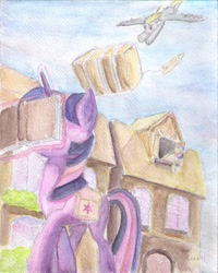 Size: 2268x2835 | Tagged: safe, artist:plainoasis, character:bon bon, character:derpy hooves, character:sweetie drops, character:twilight sparkle, species:pegasus, species:pony, species:unicorn, book, facebook, facebooking, female, flying, frown, imminent pain, levitation, magic, mare, open mouth, reading, saddle bag, telekinesis, this will end in pain, traditional art, walking, working