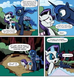 Size: 3000x3140 | Tagged: safe, artist:lovelyneckbeard, character:princess luna, character:rarity, cake, camping, comic, missing accessory