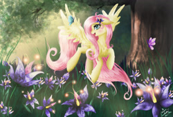 Size: 2969x2019 | Tagged: safe, artist:wilvarin-liadon, character:fluttershy, butterfly, chest fluff, female, flower, flying, solo