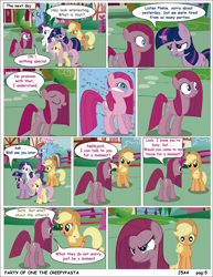 Size: 2550x3300 | Tagged: safe, artist:j5a4, character:applejack, character:fluttershy, character:pinkamena diane pie, character:pinkie pie, character:rainbow dash, character:rarity, character:twilight sparkle, comic:party of one, comic, creepypasta, engrish, grimdark series, grotesque series