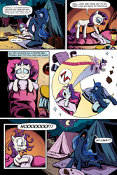 Size: 3000x4500 | Tagged: safe, artist:lovelyneckbeard, character:princess luna, character:rarity, character:twilight sparkle, character:twilight sparkle (alicorn), species:alicorn, species:pony, bed mane, cake, camping, camping trip, camping trip: comic, comic, d:, drool, female, frown, grumpy, grumpy twilight, i can't believe it's not idw, implied princess celestia, mare, missing accessory, on back, screaming, sleeping, smiling, wavy mouth, wide eyes, yawn, z