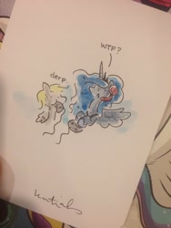 Size: 768x1024 | Tagged: safe, artist:katiecandraw, character:derpy hooves, character:princess luna, species:alicorn, species:pegasus, species:pony, gamer luna, :<, :o, :t, biting, chibi, confused, controller, cute, derp, derpabetes, eating, female, headset, hoof hold, irl, lunabetes, mare, mouth hold, nom, open mouth, photo, puffy cheeks, raised eyebrow, traditional art, wat, wtf