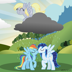 Size: 1500x1500 | Tagged: safe, artist:veggie55, character:derpy hooves, character:rainbow dash, character:soarin', species:pegasus, species:pony, ship:soarindash, cloud, cloudy, eyes closed, female, kissing, male, mare, rain, raincloud, shipping, straight, trio, wet mane