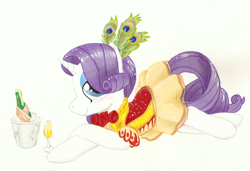 Size: 1100x753 | Tagged: safe, artist:foxxy-arts, character:rarity, episode:sweet and elite, g4, my little pony: friendship is magic, bedroom eyes, clothing, dress, feather, female, solo, stupid sexy rarity, traditional art, wine
