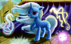 Size: 2000x1250 | Tagged: safe, artist:deathpwny, character:trixie, species:pony, species:unicorn, female, mare, smiling, solo, stage, windswept mane