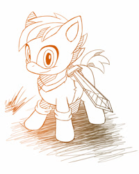 Size: 721x900 | Tagged: safe, artist:fuzon-s, character:button mash, species:earth pony, species:pony, blank flank, colt, don't mine at night, foal, gradient lineart, hooves, looking at you, male, monochrome, simple background, sketch, smiling, solo, sword, white background