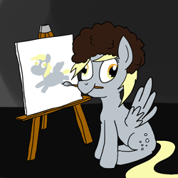 Size: 1000x1000 | Tagged: safe, artist:rapidstrike, character:derpy hooves, species:pegasus, species:pony, bob ross, easel, female, mare, paintbrush, painting, solo