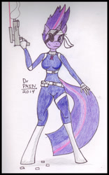 Size: 620x996 | Tagged: safe, artist:drpain, character:twilight sparkle, species:anthro, species:unguligrade anthro, comics, crossover, female, future twilight, gun, marvel, nick fury, s.h.i.e.l.d, solo