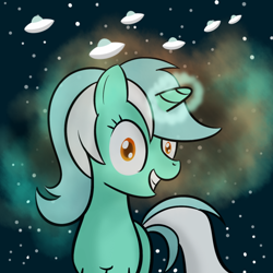 Size: 800x800 | Tagged: safe, artist:why485, character:lyra heartstrings, species:pony, species:unicorn, acid trip, alien, colored pupils, drugs, female, grin, hallucination, i found pills, irrational exuberance, lsd, magic, night, solo, ufo