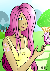 Size: 1000x1412 | Tagged: safe, artist:emberfan11, character:fluttershy, clothing, humanized, tank top