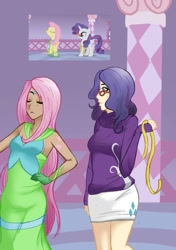 Size: 700x996 | Tagged: safe, artist:emberfan11, character:fluttershy, character:rarity, angry, clothing, dress, humanized, measuring tape, rarity's glasses, scene interpretation, screencap reference, skirt