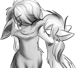 Size: 915x816 | Tagged: safe, artist:fizzy-dog, character:dumbbell, character:rainbow dash, ship:dumbdash, cute, female, kissing, male, monochrome, shipping, straight, sweat, sweatdrop, tsundere