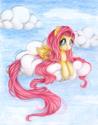 Size: 2759x3522 | Tagged: safe, artist:vird-gi, character:fluttershy, cloud, cloudy, female, long tail, looking at you, lying down, smiling, solo, traditional art