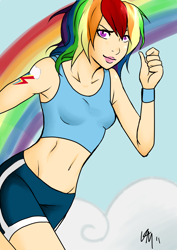 Size: 1000x1414 | Tagged: safe, artist:emberfan11, character:rainbow dash, female, humanized, rainbow, running, solo