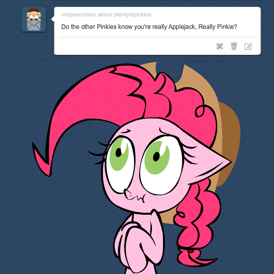 Size: 550x550 | Tagged: safe, artist:mushroomcookiebear, character:pinkie pie, animated, applejack's hat, clothing, female, hat, liar face, liarjack, scrunchy face, shifty eyes, solo, tumblr