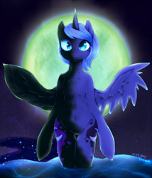 Size: 684x800 | Tagged: safe, artist:divided-s, character:nightmare moon, character:princess luna, species:alicorn, species:pony, :c, belly button, bipedal, both cutie marks, corrupted, digital art, duality, featureless crotch, female, frown, looking at you, mare, moon, night, nightmare luna, pixiv, s1 luna, semi-anthro, solo, spread wings, transformation, water, wings