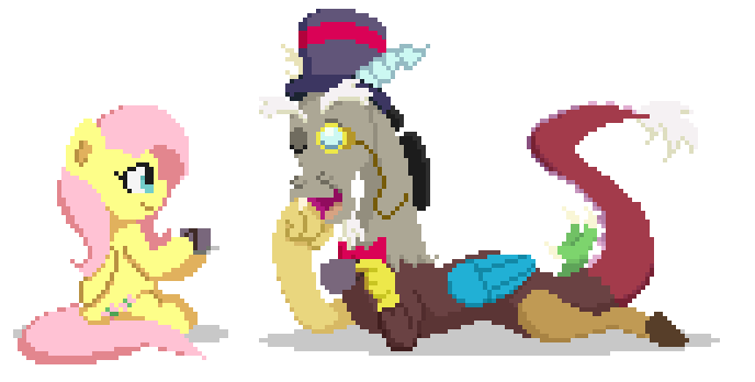Size: 688x348 | Tagged: safe, artist:mrponiator, character:discord, character:fluttershy, bow tie, clothing, drink, hat, monocle, pixel art, prone, simple background, sitting, tea, tea party, top hat, transparent background
