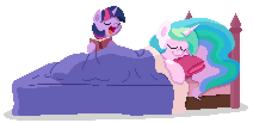Size: 848x412 | Tagged: safe, artist:mrponiator, character:princess celestia, character:twilight sparkle, species:alicorn, species:pony, species:unicorn, g4, bed, book, eyes closed, female, mare, open mouth, pixel art, reading, simple background, sleeping, transparent background